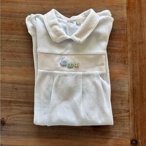 White and Blue Stripe Baby Onesie with Embroidered Train Design